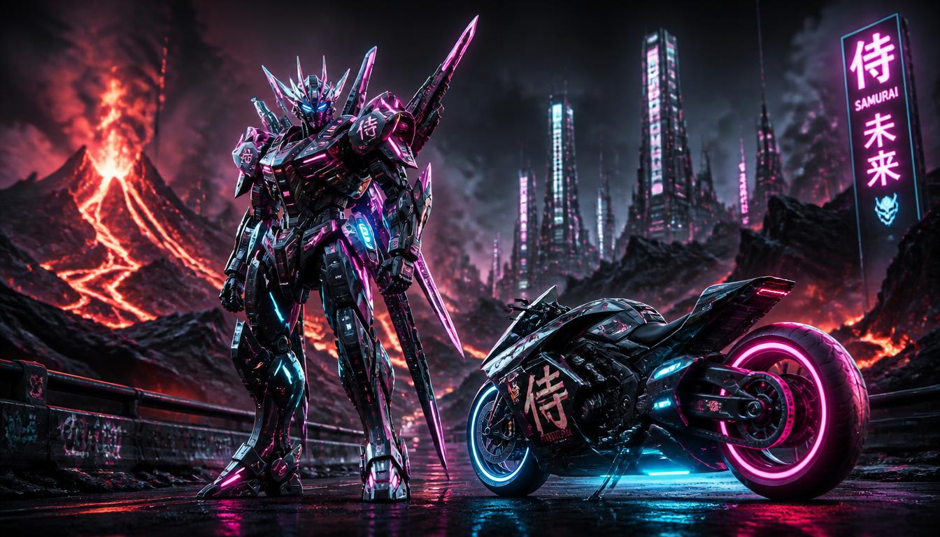 Robot mecha con corona e moto neon del Programma Fondatore MotoVault